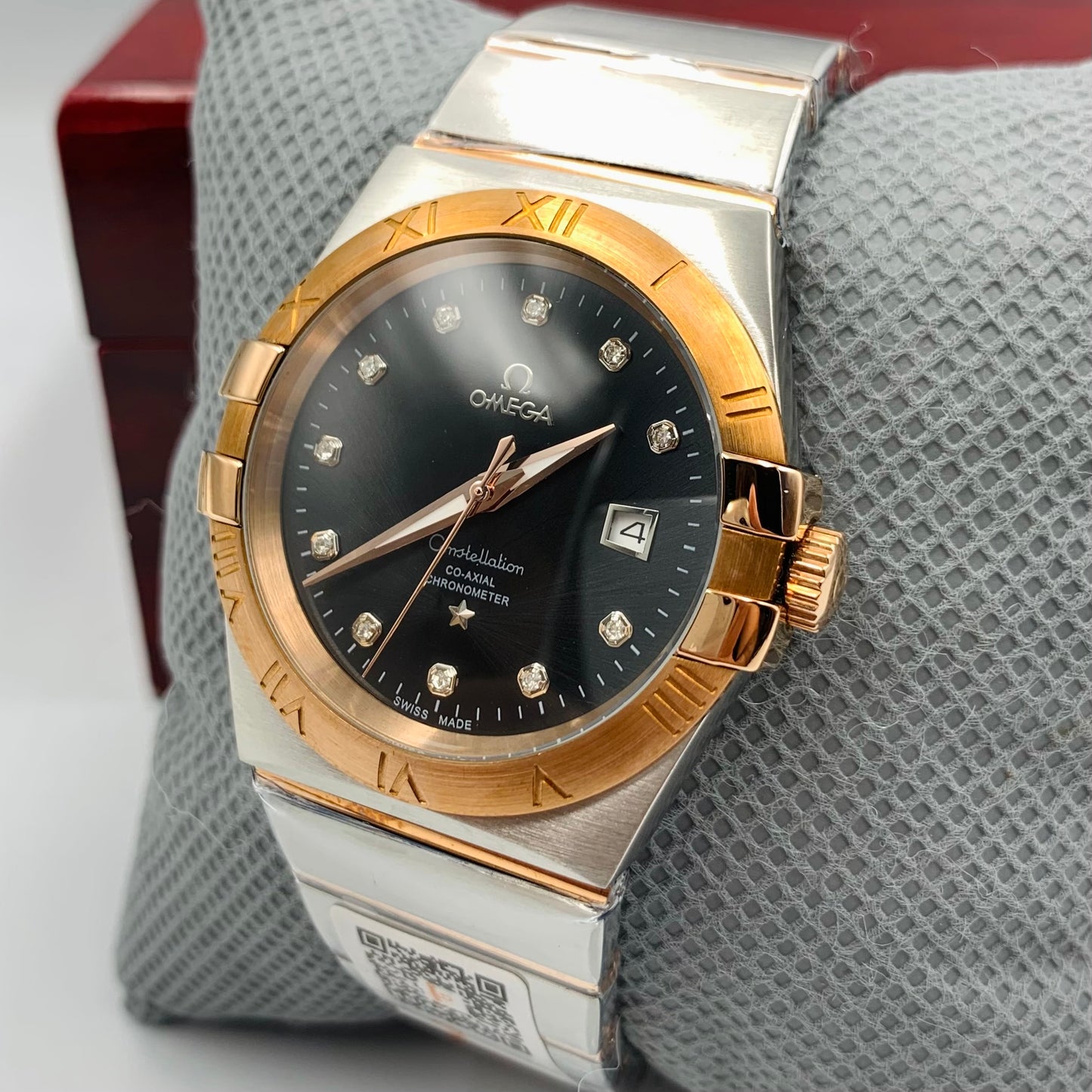Omega Constellation Black Dail Twotone Chain Watch
