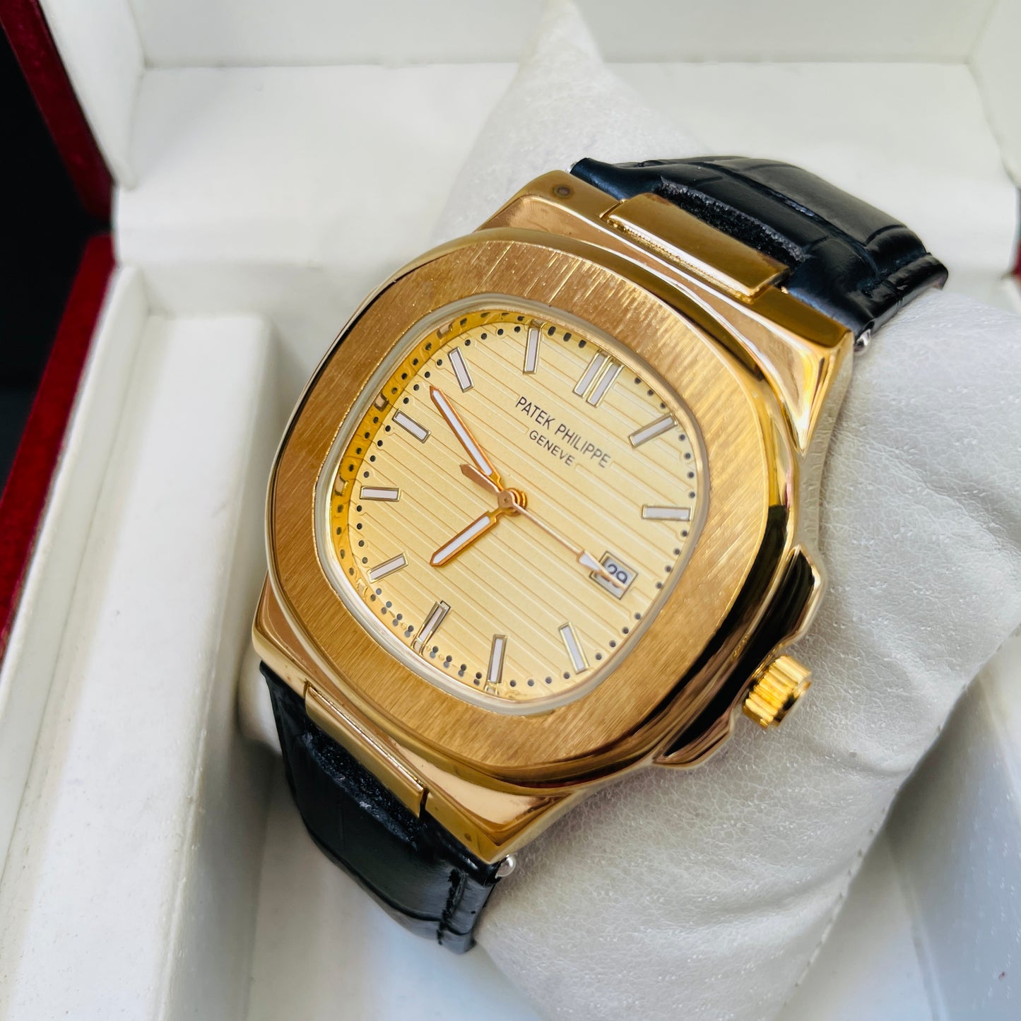 Patek Black Golden Leather Watch