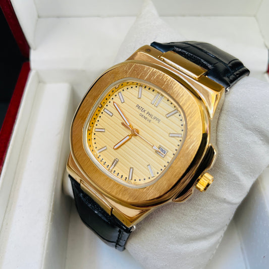 Patek Black Golden Leather Watch