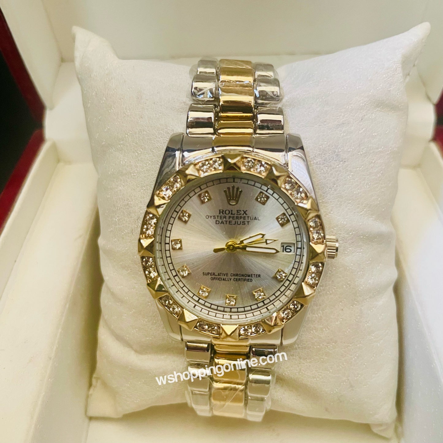 Twotone Golden Silver Dial Stones Ladies Watch