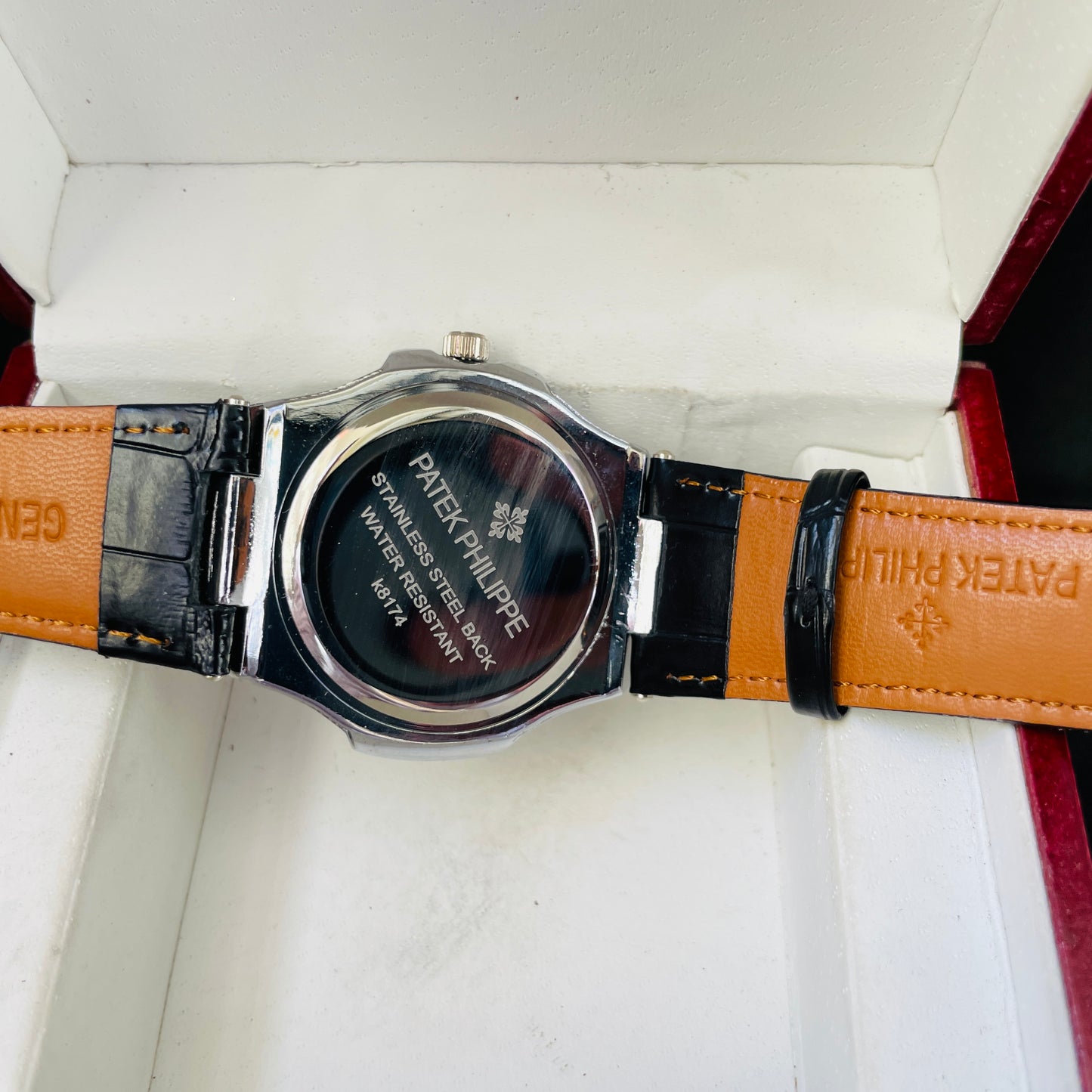 Patek Silver Black Leather Strap Watch