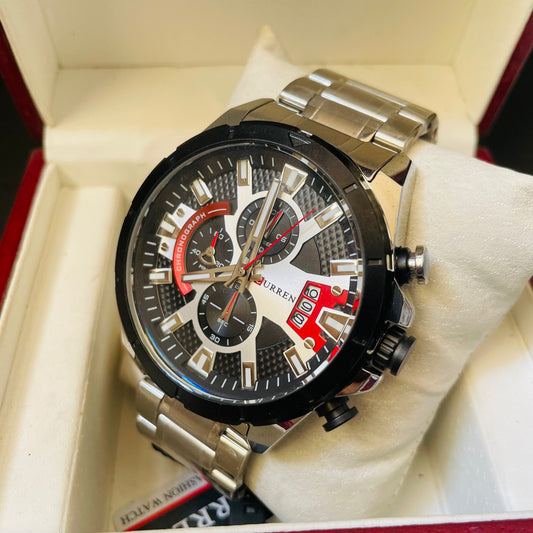 Curren 8401 Silver Black Chronograph working Original Watch