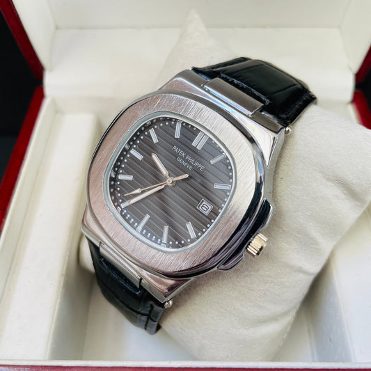 Patek Silver Black Leather Strap Watch