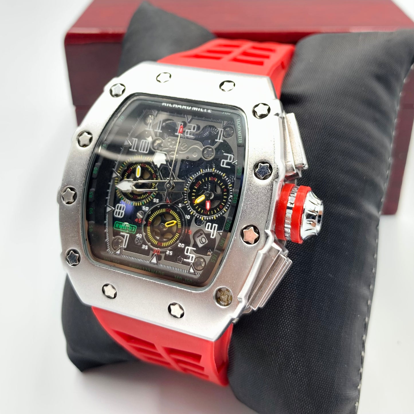 Richard Mille Red Strap Silver Dail Watch