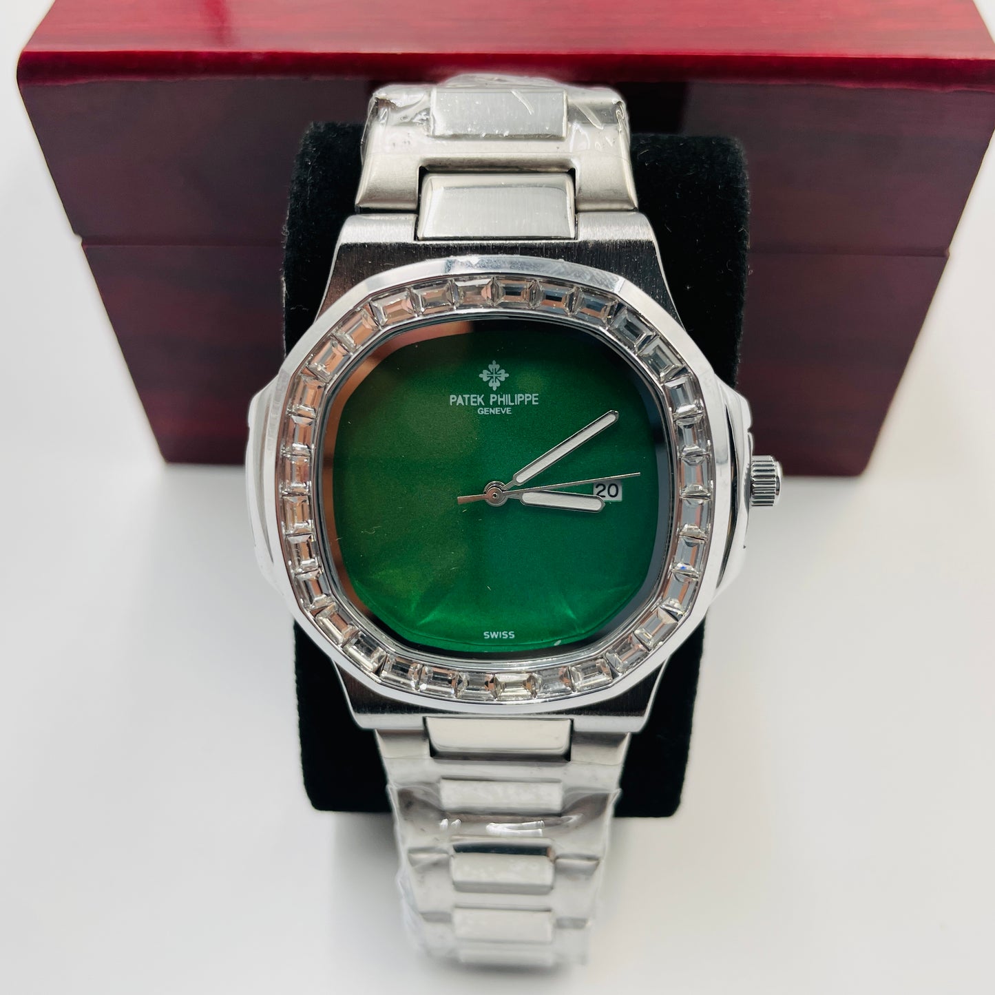 Patek Silver Green Stones Watch