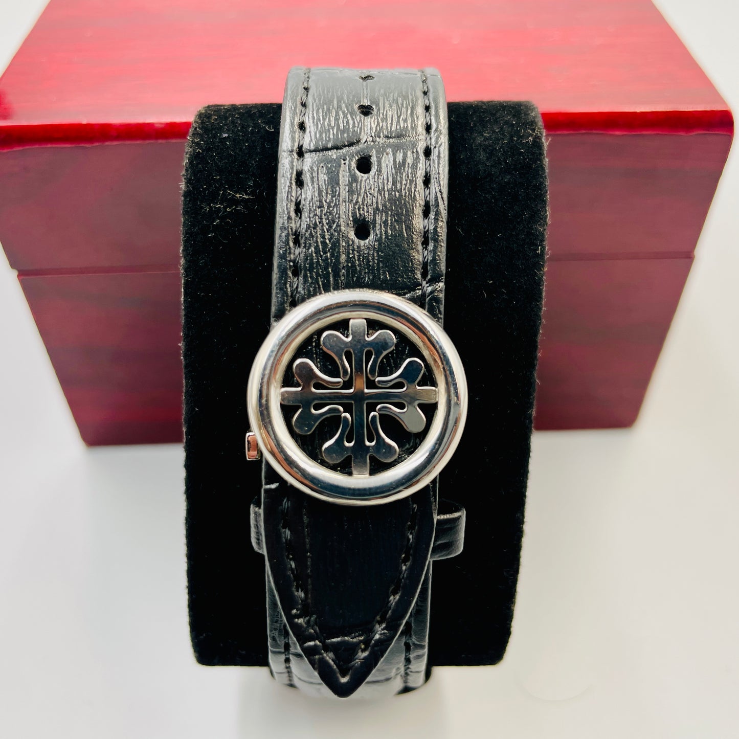Patek Silver Black Leather Strap Watch