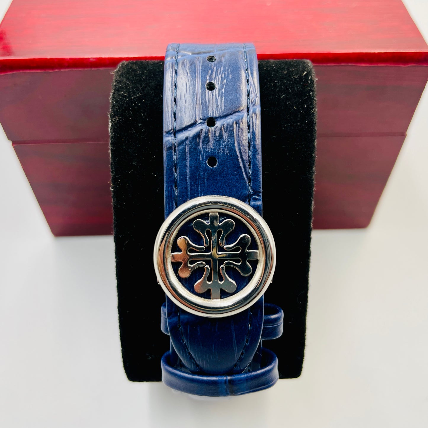 Patek Silver Blue Leather Strap Watch