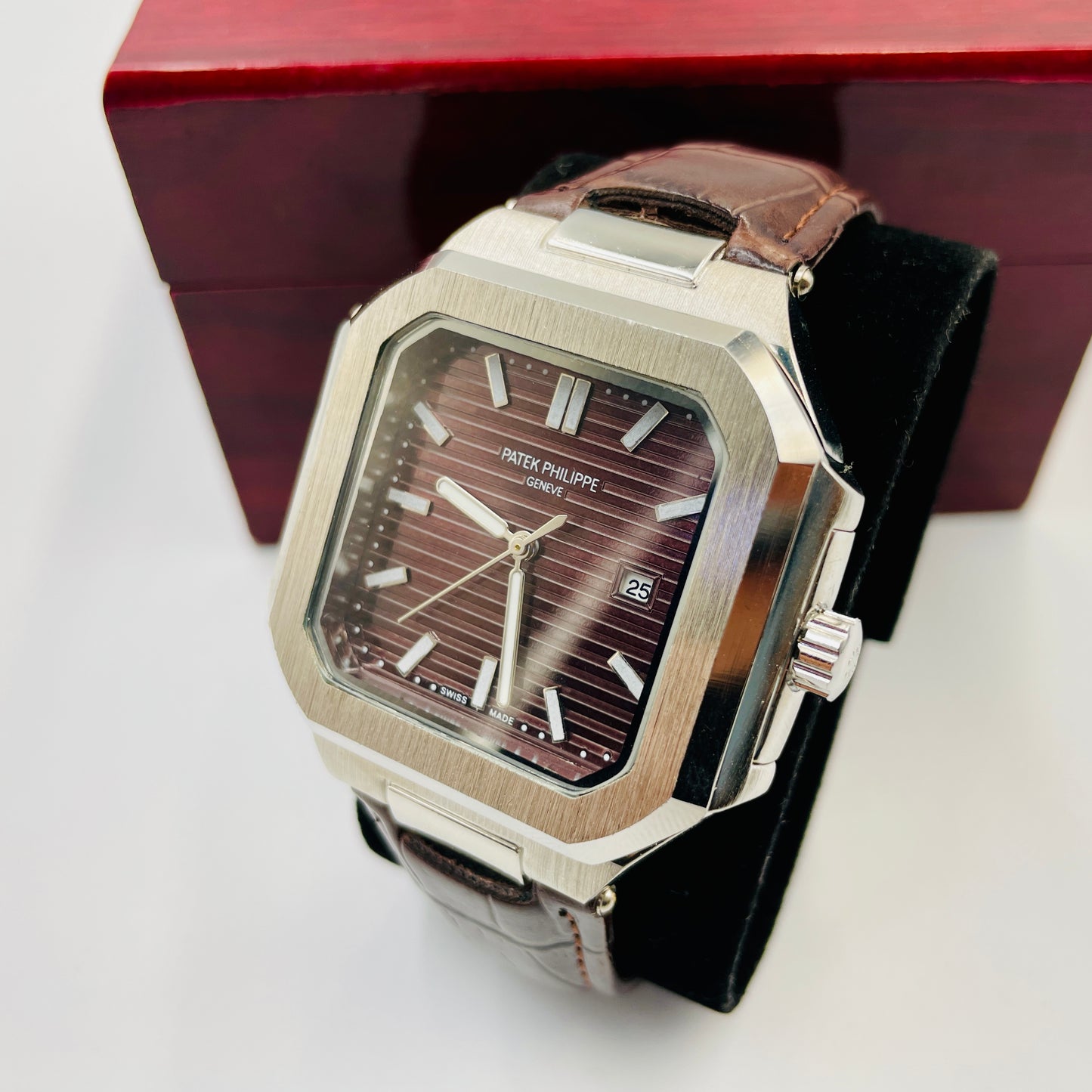 Patek Silver Brown Leather Strap Watch