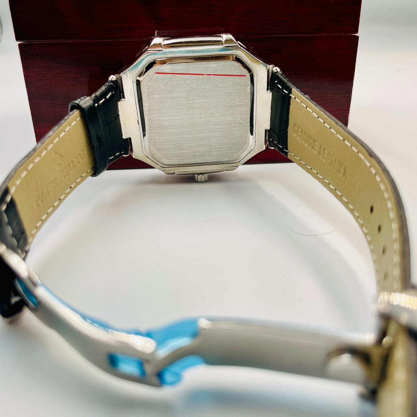 Patek Silver Black Leather Strap Watch