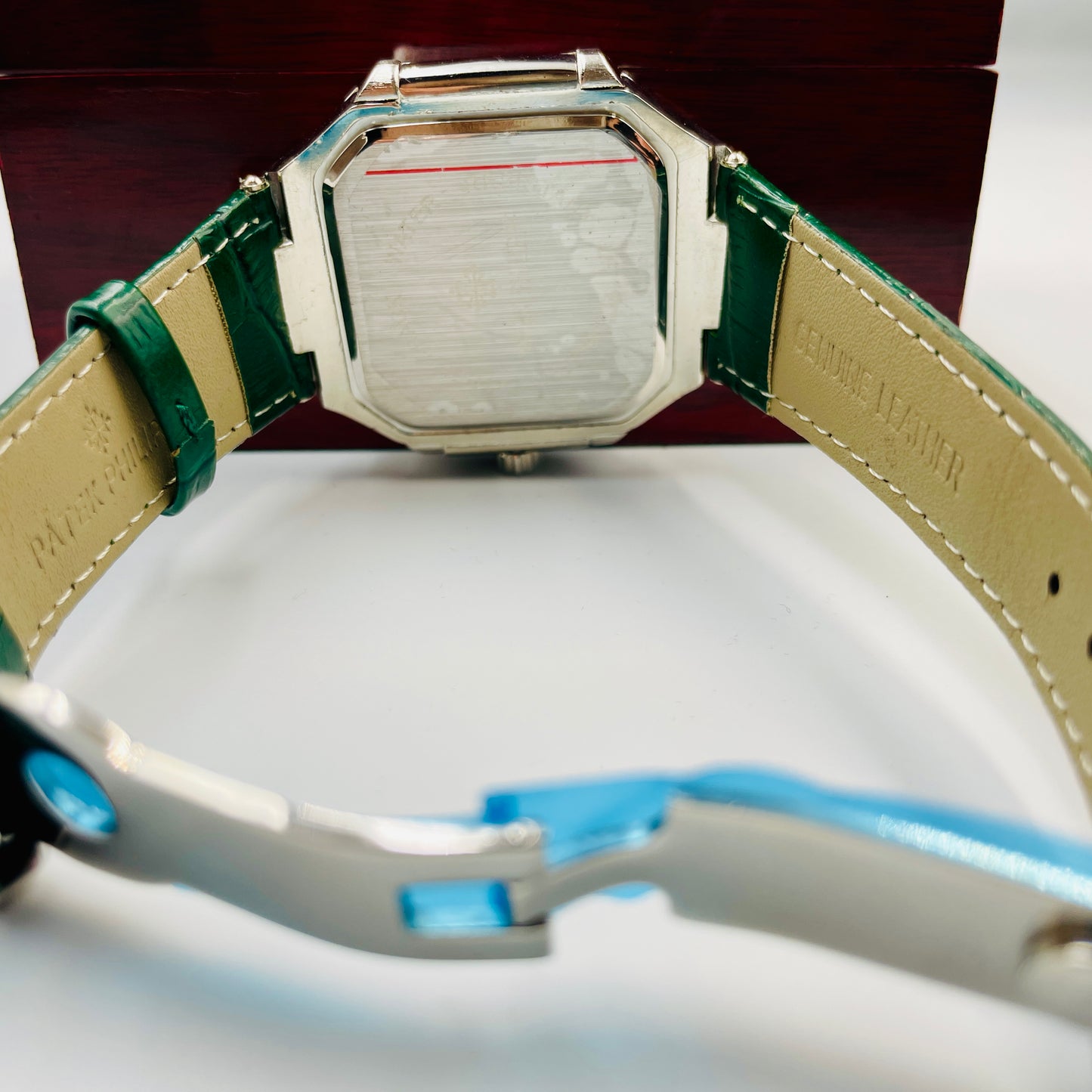 Patek Silver Green Leather Strap Watch