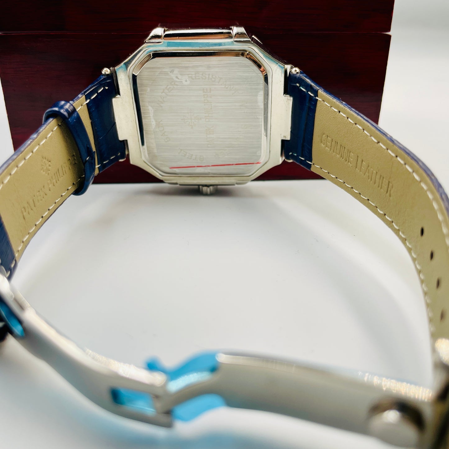 Patek Silver Blue Leather Strap Watch