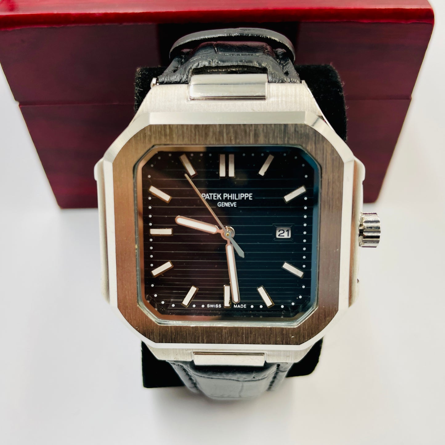 Patek Silver Black Leather Strap Watch
