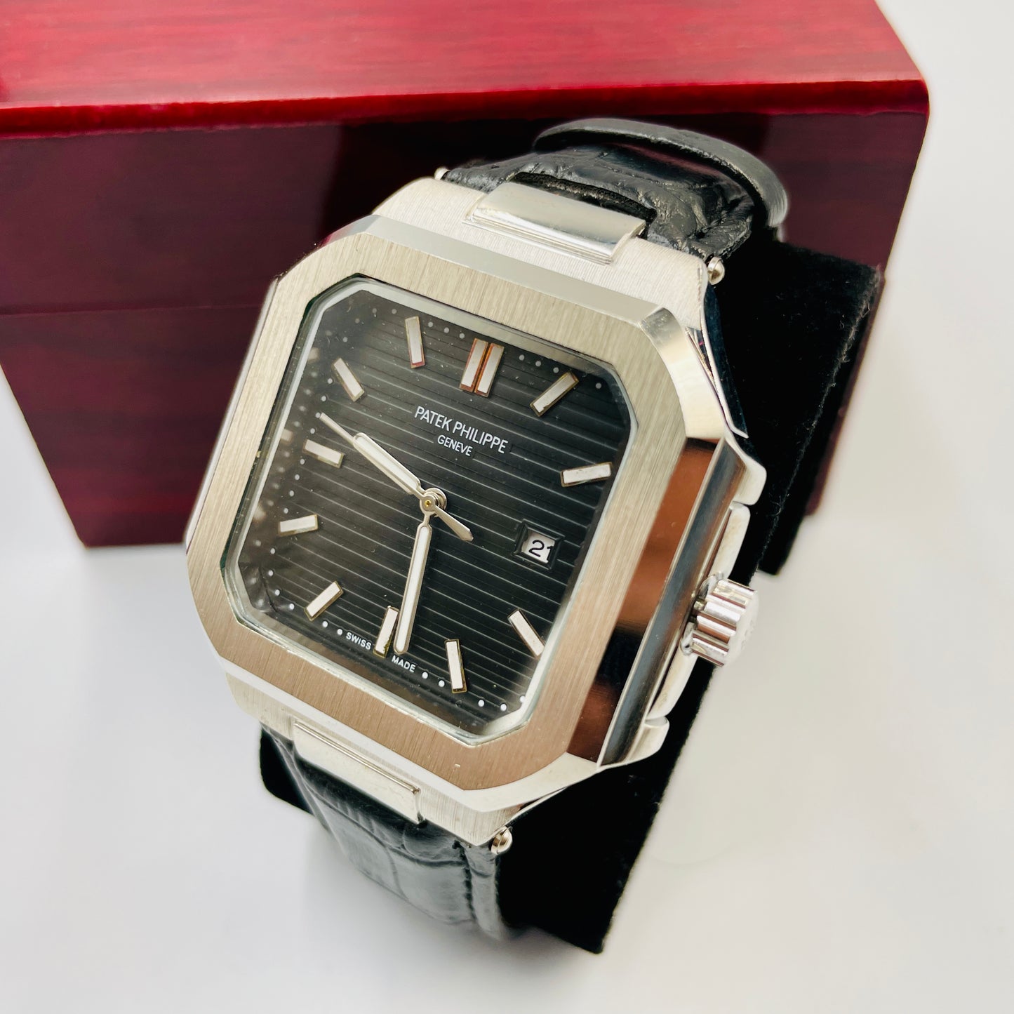 Patek Silver Black Leather Strap Watch