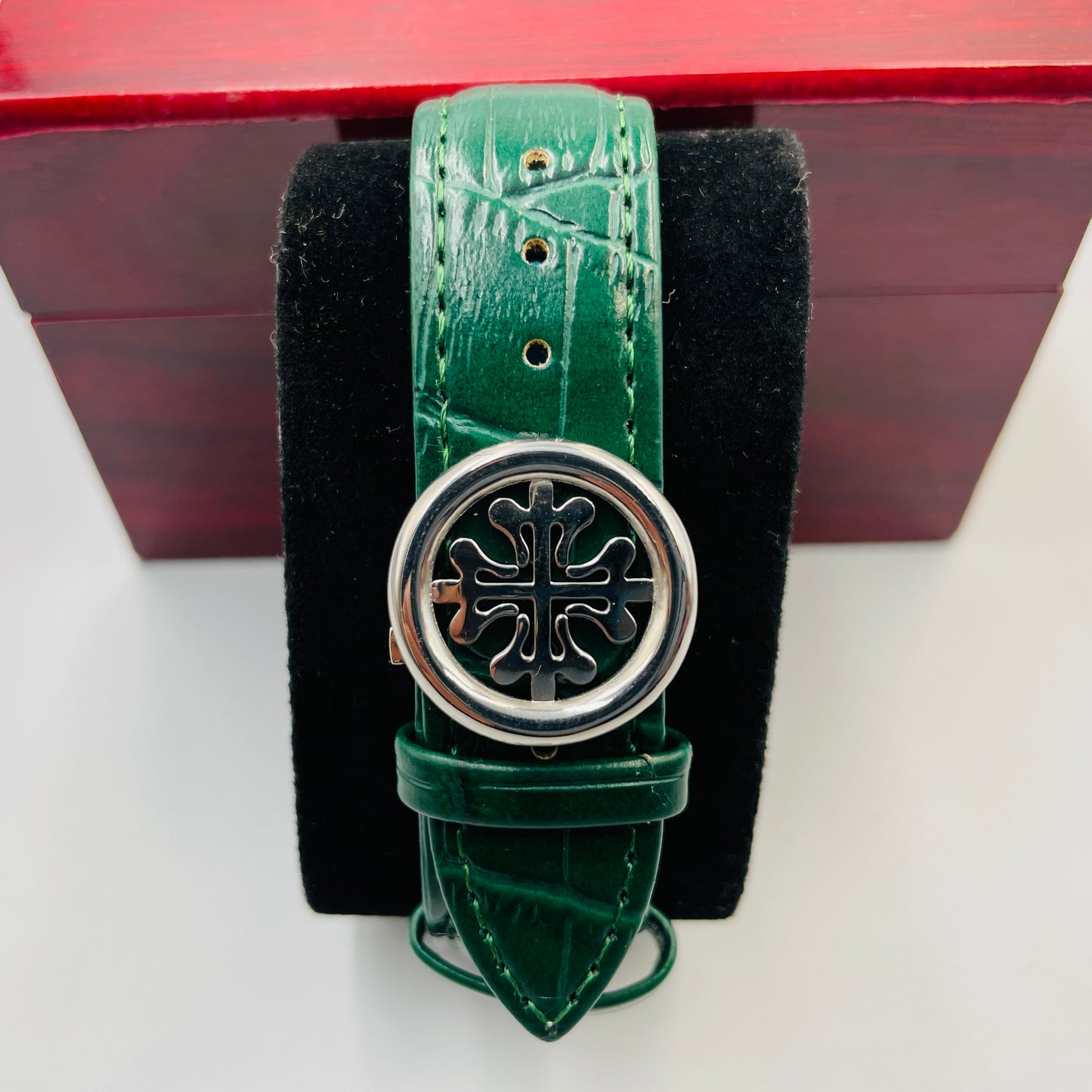 Patek Silver Green Leather Strap Watch