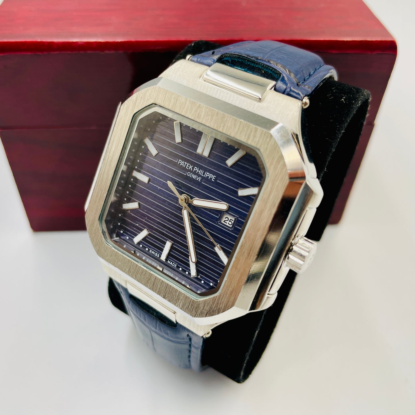 Patek Silver Blue Leather Strap Watch