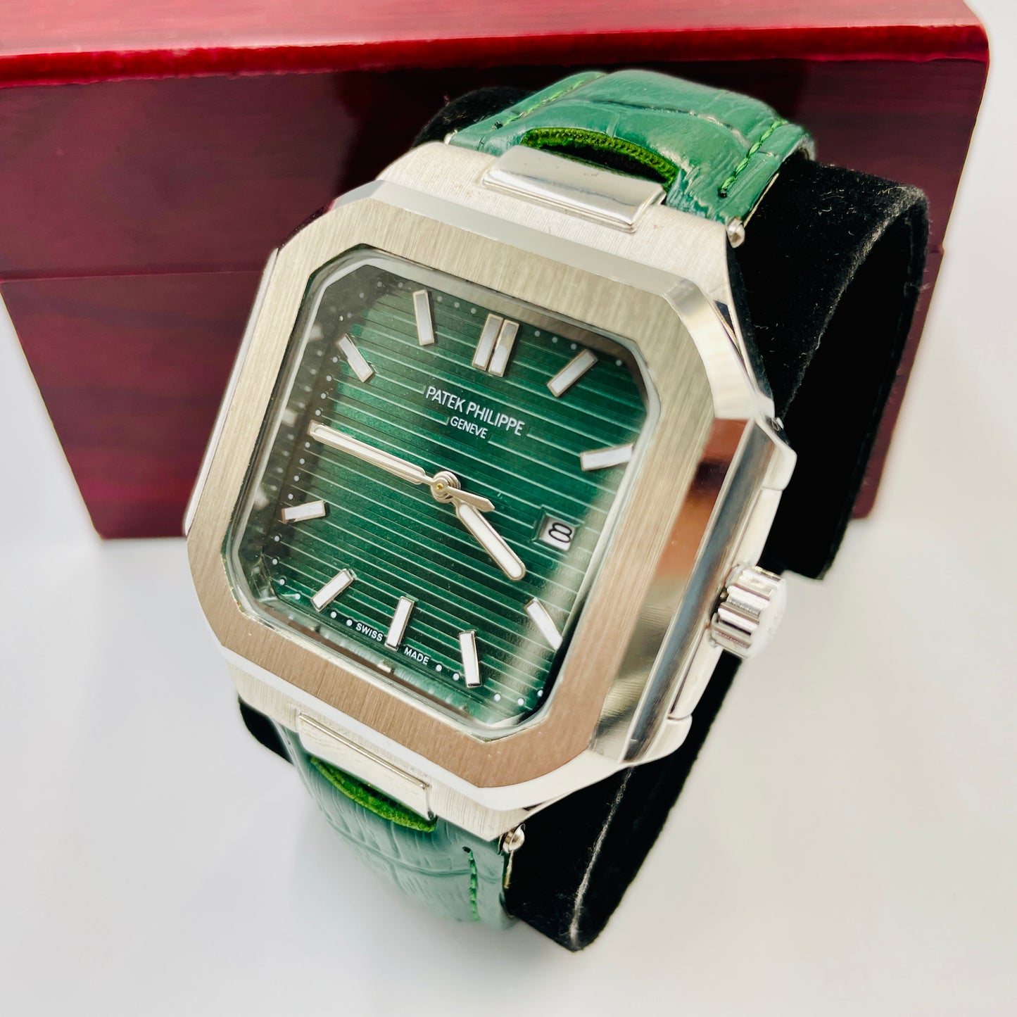 Patek Silver Green Leather Strap Watch