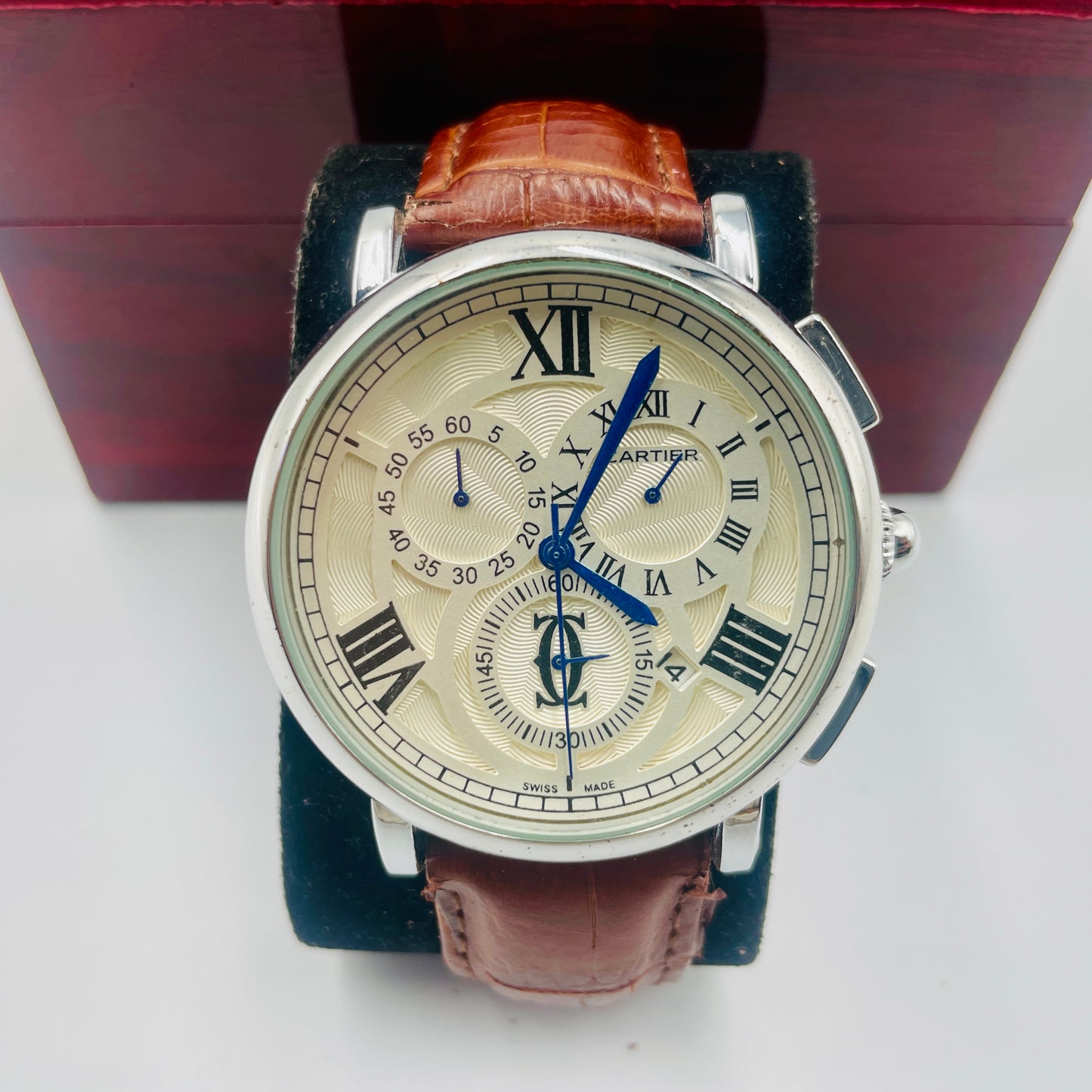 Brown Silver Logo Chronograph Working leather strap Watch