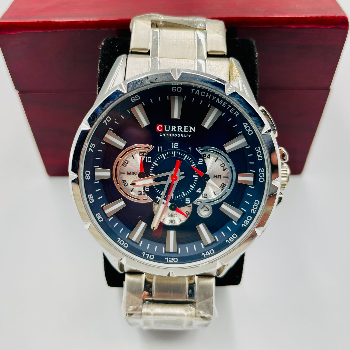 Big Curren Silver Blue Chronograph working Original Watch
