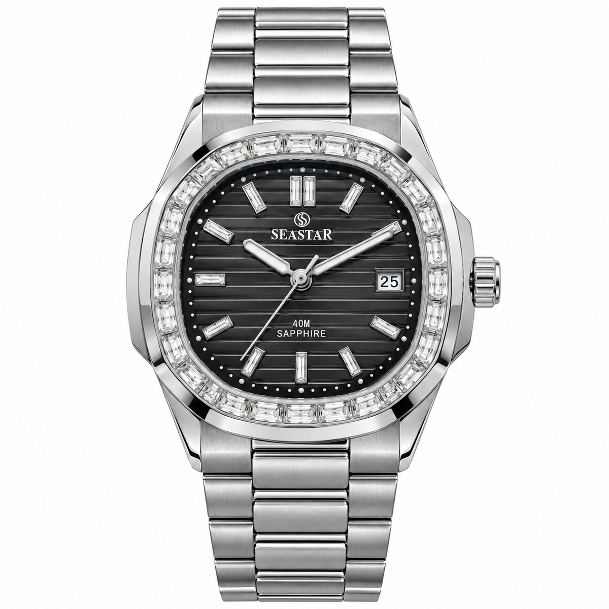 SeaStar Silver Black Dial White Stones Original Watch