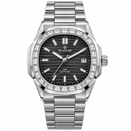 SeaStar Silver Black Dial White Stones Original Watch