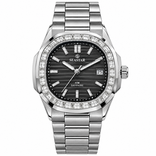 SeaStar Silver Black Dial White Stones Original Watch