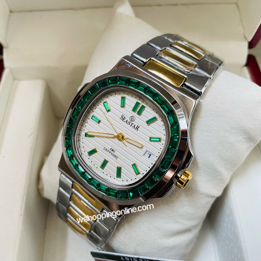 SeaStar Twotone White Dial Green Stones Original Watch