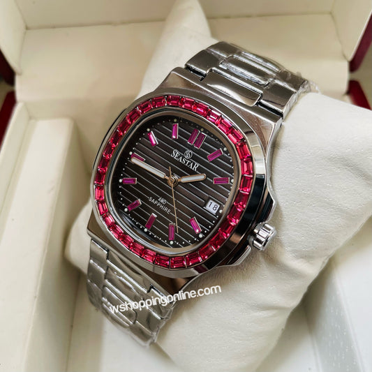 SeaStar Silver Black Dial Pink Stones Original Watch