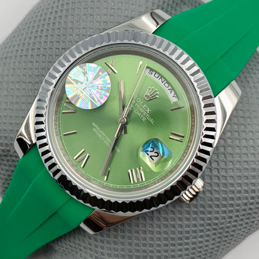 Rolx Green Silver Watch