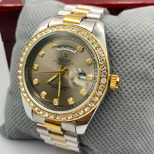 Rolx Diamond Twotone Grey Full DayDate Watch