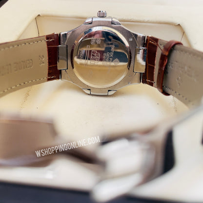 Patek Silver Brown Leather Strap Watch