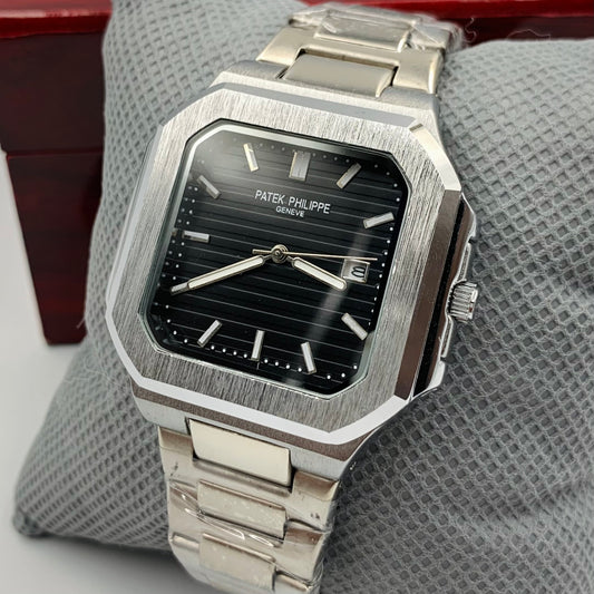 Patek Geneve Black Dail Silver Chain Watch