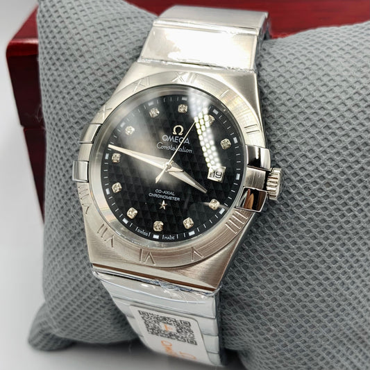 Omega Constellation Black Dail Silver Chain Watch