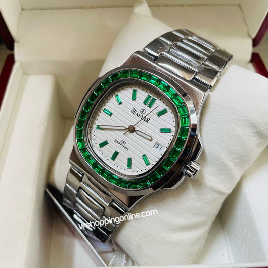 SeaStar Silver White Dial Green Stones Original Watch