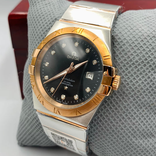 Omega Constellation Black Dail Twotone Chain Watch