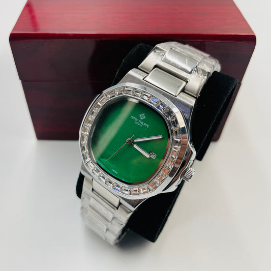 Patek Silver Green Stones Watch