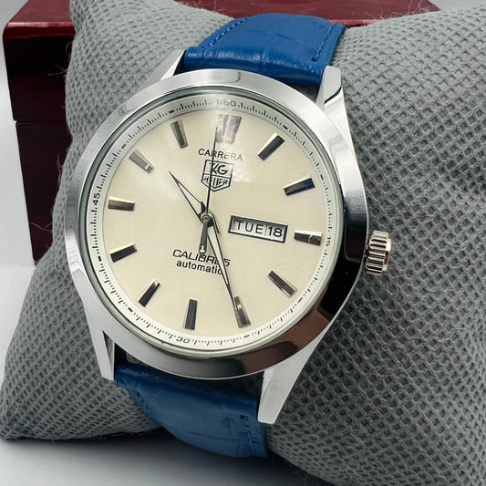 Tag Heuer Silver White Blue DayDate Watch