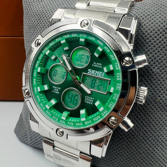 Skmei 2 Time Green Full Silver Watch