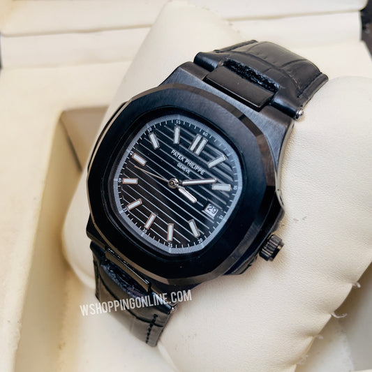 Patek Full Black Leather Strap Watch