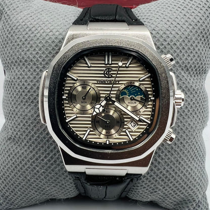 TimeCraft Leather Silver Grey Watch