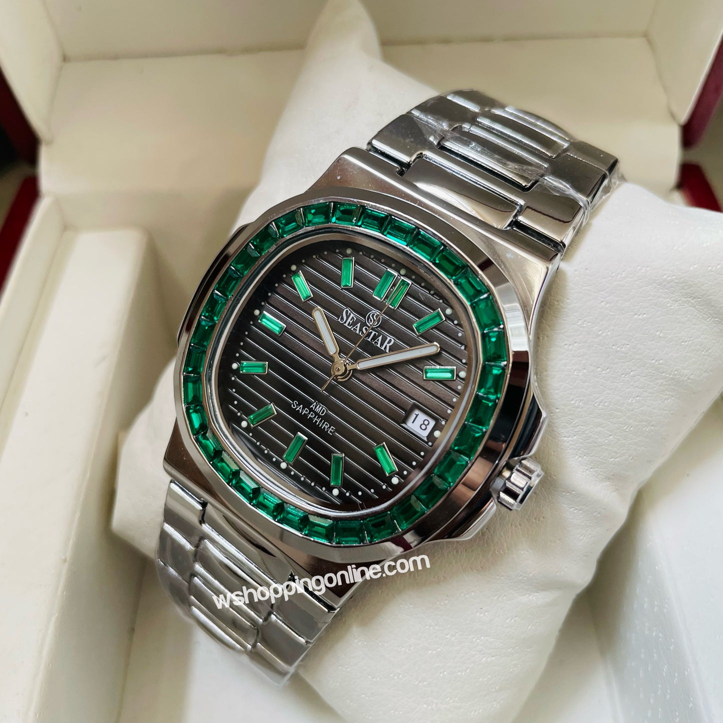 SeaStar Silver Black Dial Green Stones Original Watch