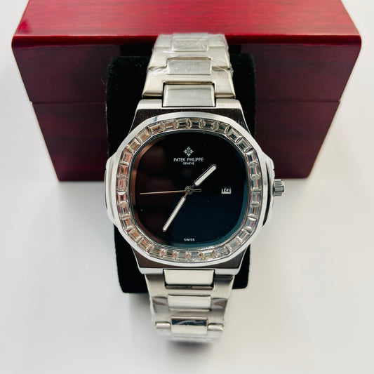 Patek Silver Black Stones Watch