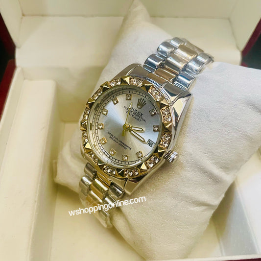 Twotone Golden Silver Dial Stones Ladies Watch
