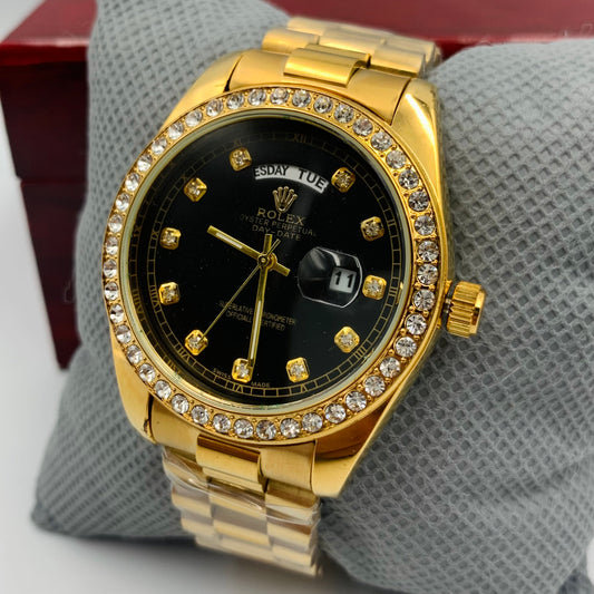 Rolx Diamond Golden Black Full DayDate Watch