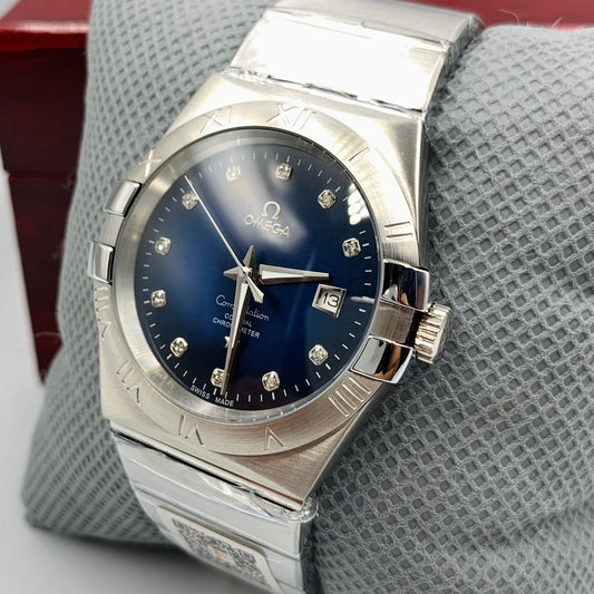 Omega Constellation Blue Dail Silver Chain Watch