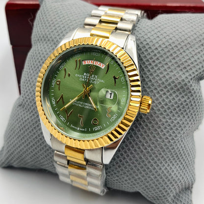 Rolx Twotone Green Arabic Full DayDate Watch