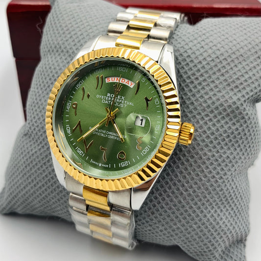 Rolx Twotone Green Arabic Full DayDate Watch