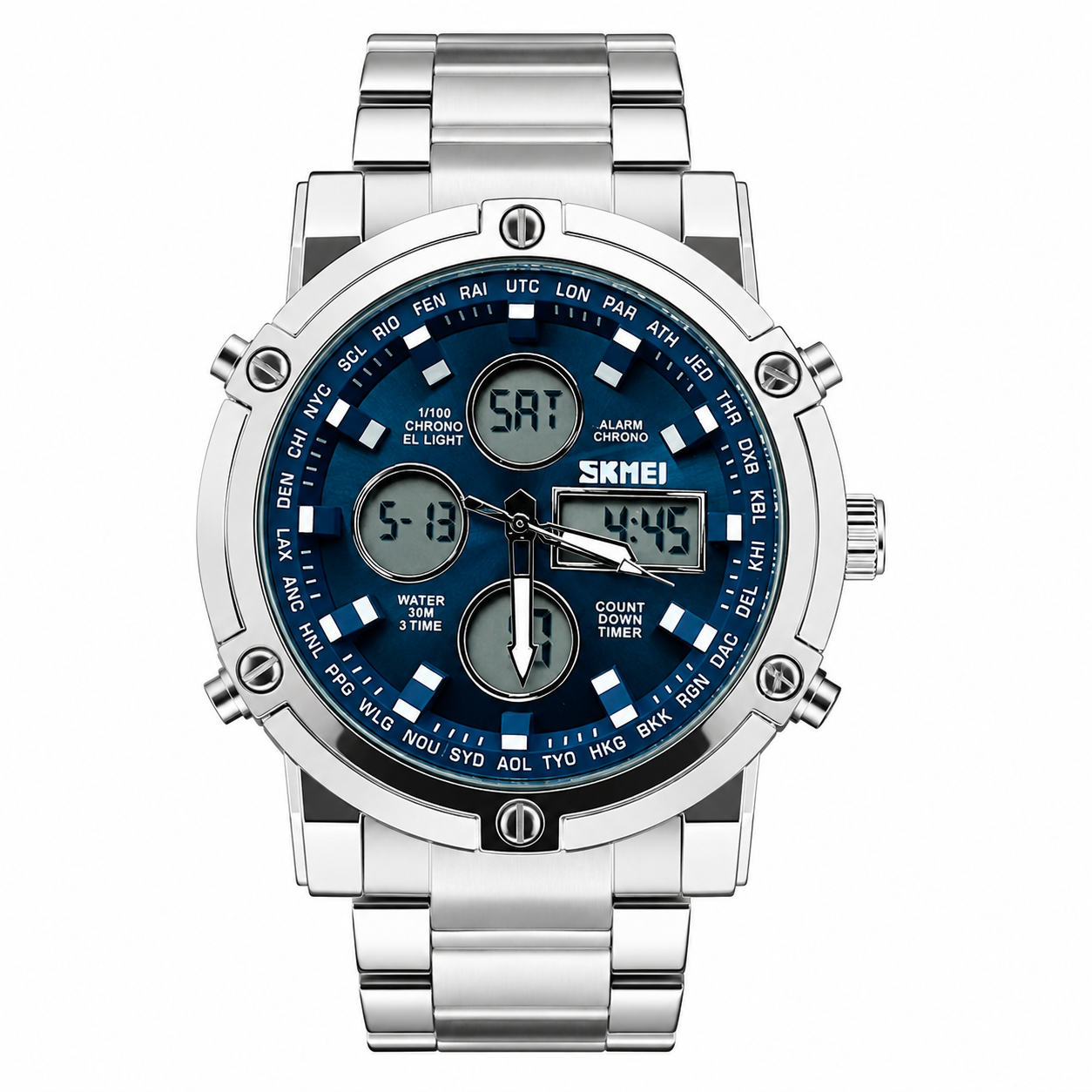 Skmei 2 Time Blue Full Silver Watch