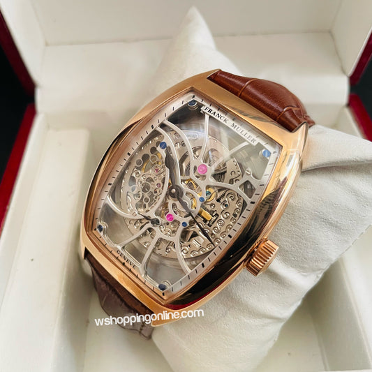 FM Brown Golden Automatic Skeleton Watch