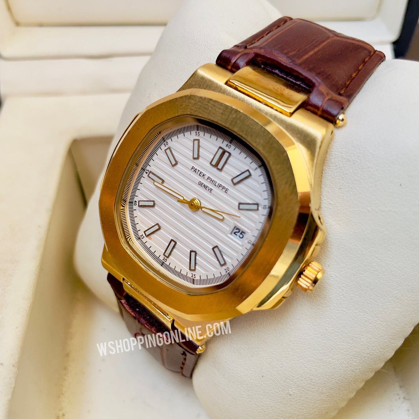 Patek Golden Brown Leather Strap Watch