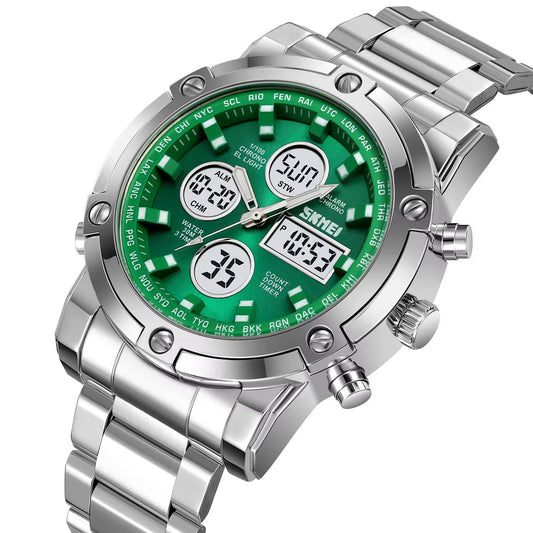 Skmei 2 Time Green Full Silver Watch
